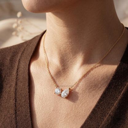 14K Gold Toi et Moi Necklace Round & Pear Lab Grown Diamond - GrownDiamondJewels