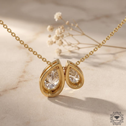 Pear Shaped Lab Grown Diamond Toi et Moi Necklace 10K Gold - GrownDiamondJewels