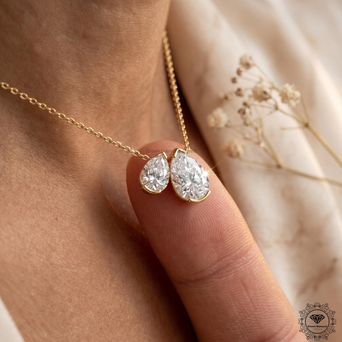 Pear Shaped Lab Grown Diamond Toi et Moi Necklace 10K Gold - GrownDiamondJewels