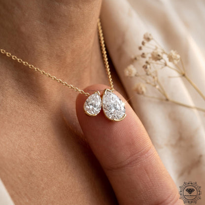 Pear Shaped Lab Grown Diamond Toi et Moi Necklace 10K Gold - GrownDiamondJewels