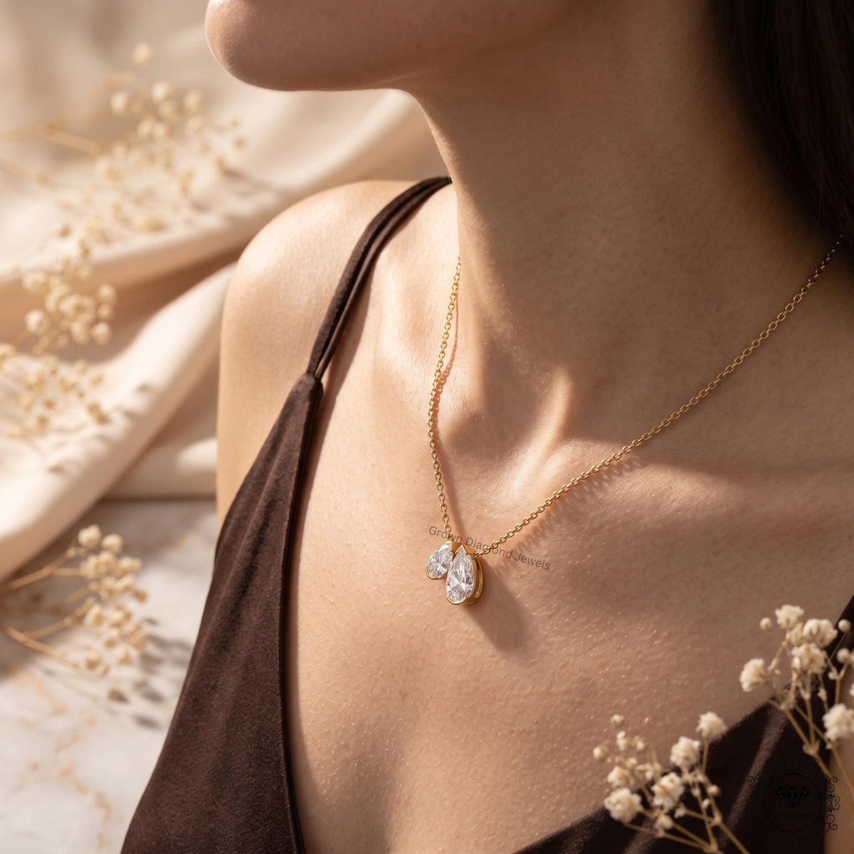Pear Shaped Lab Grown Diamond Toi et Moi Necklace 10K Gold - GrownDiamondJewels