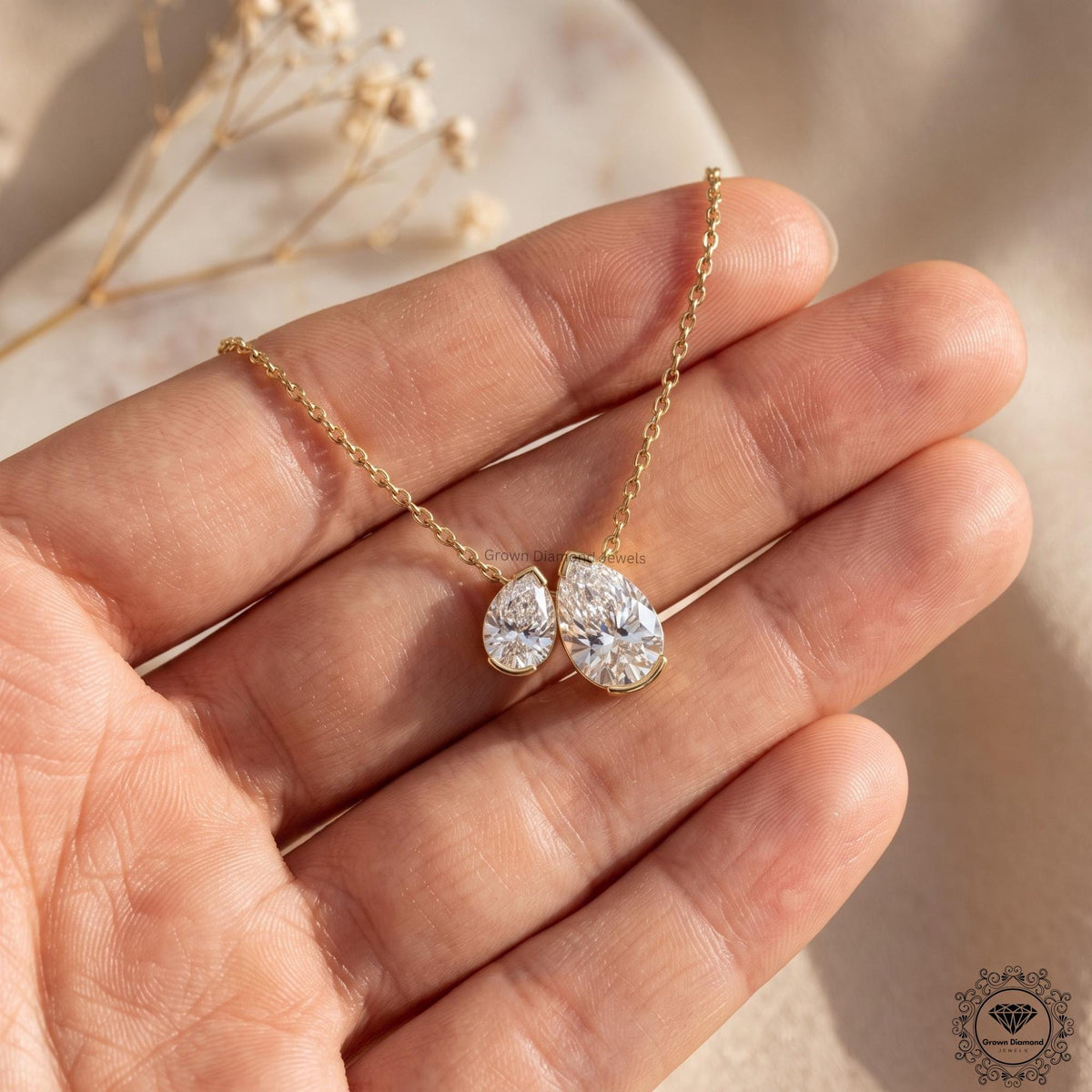 Pear Shaped Lab Grown Diamond Toi et Moi Necklace 10K Gold - GrownDiamondJewels