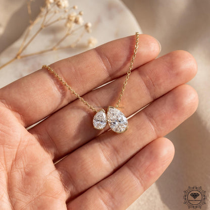Pear Shaped Lab Grown Diamond Toi et Moi Necklace 10K Gold - GrownDiamondJewels