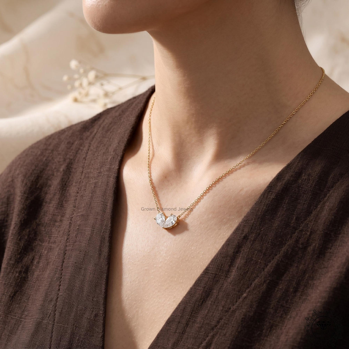 Toi et Moi Double Inverted Pear Diamond Necklace Two Stone - GrownDiamondJewels