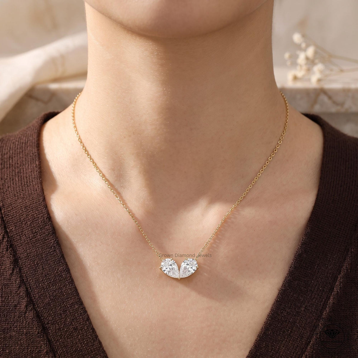 Toi et Moi Double Inverted Pear Diamond Necklace Two Stone - GrownDiamondJewels