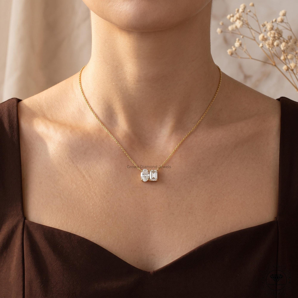 14K Gold Two Stone Necklace Oval & Emerald Cut Toi Et Moi - GrownDiamondJewels