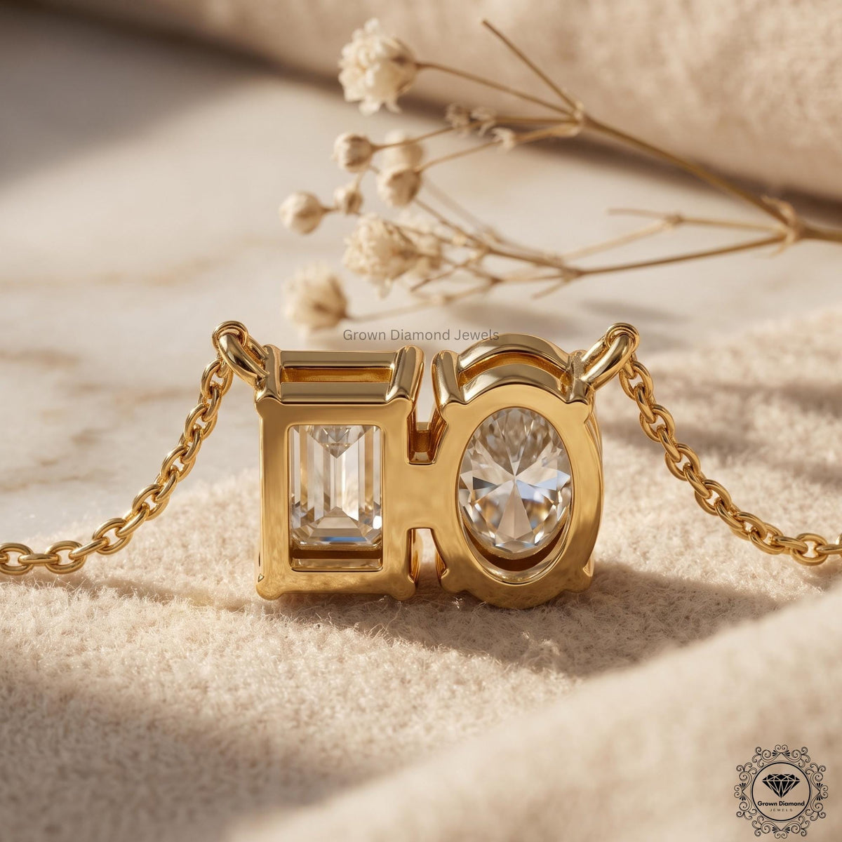 14K Gold Two Stone Necklace Oval & Emerald Cut Toi Et Moi - GrownDiamondJewels