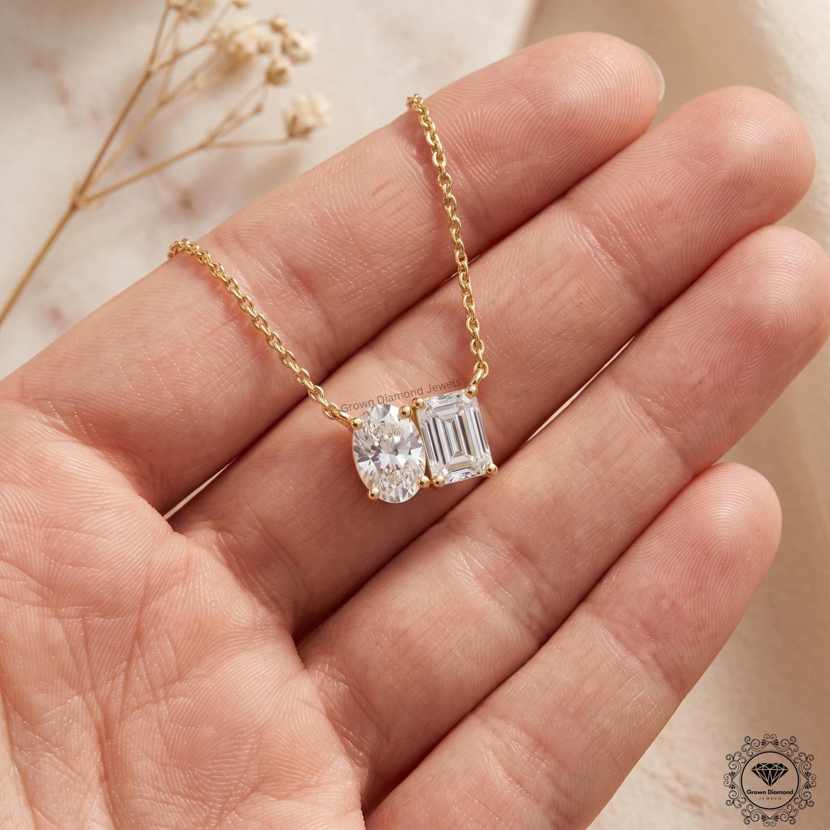 14K Gold Two Stone Necklace Oval & Emerald Cut Toi Et Moi - GrownDiamondJewels