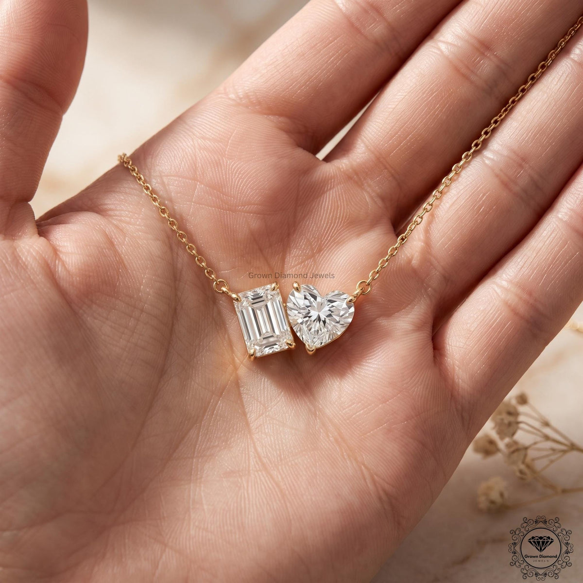Heart & Emerald Lab Grown Diamond Toi Et Moi Necklace 18K - GrownDiamondJewels