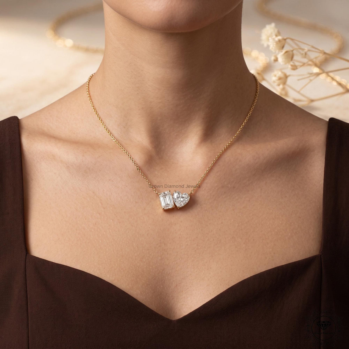 Heart & Emerald Lab Grown Diamond Toi Et Moi Necklace 18K - GrownDiamondJewels