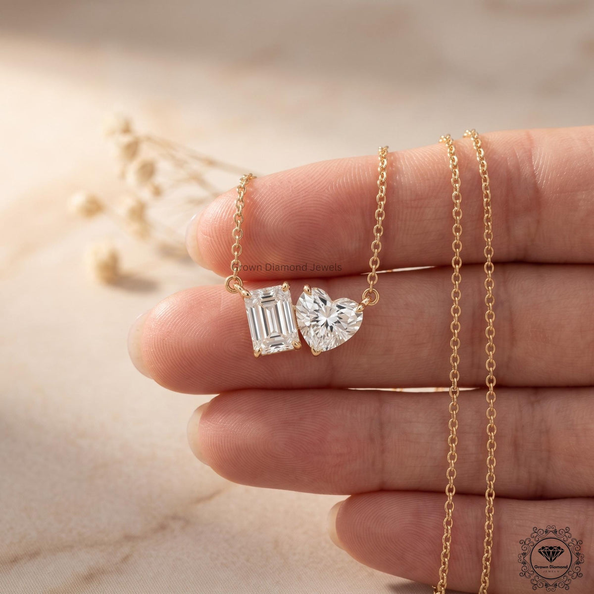 Heart & Emerald Lab Grown Diamond Toi Et Moi Necklace 18K - GrownDiamondJewels