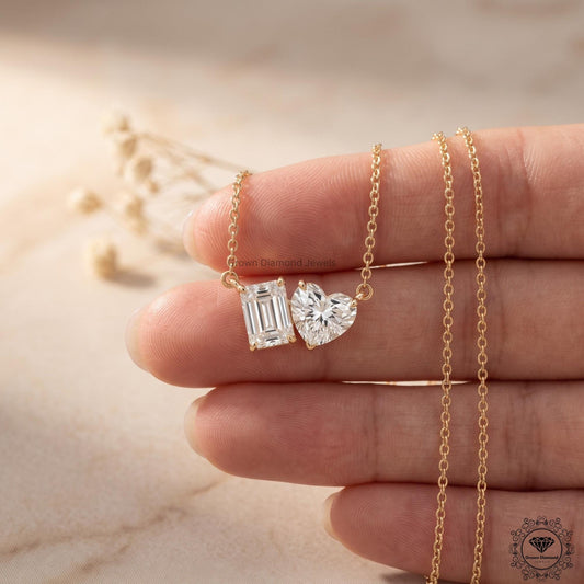 Heart & Emerald Lab Grown Diamond Toi Et Moi Necklace 18K - GrownDiamondJewels