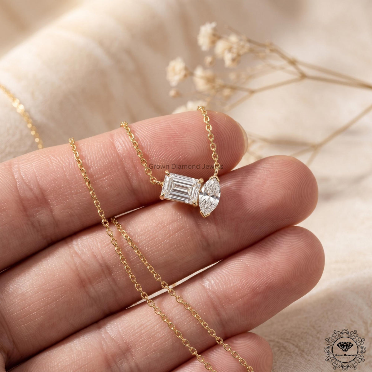 Marquise & Emerald Lab Grown Diamond Toi et Moi Necklace 18K - GrownDiamondJewels