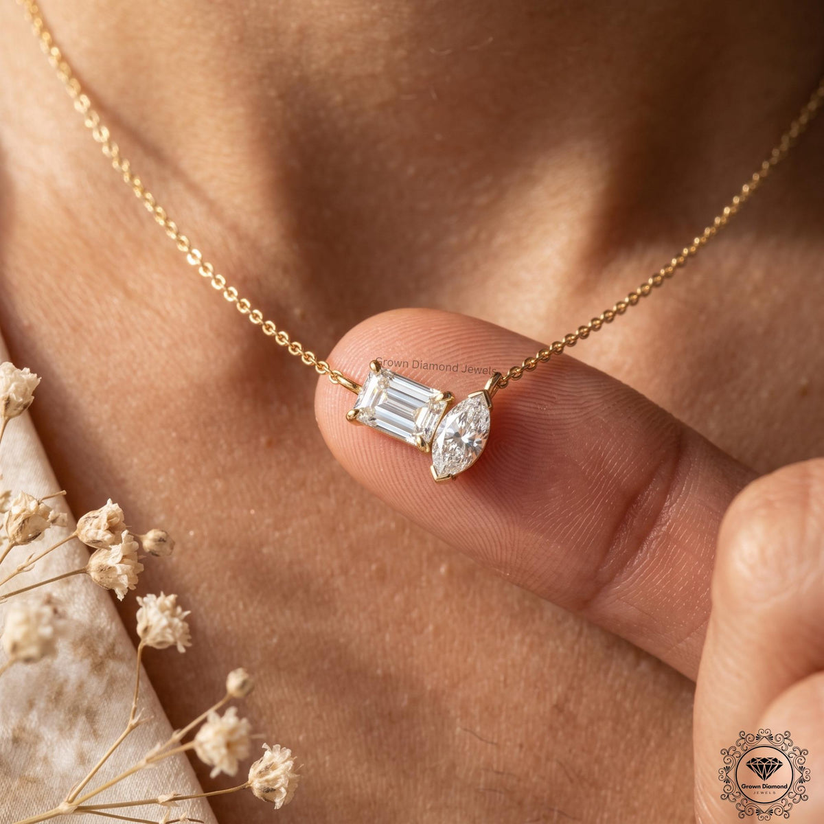 Marquise & Emerald Lab Grown Diamond Toi et Moi Necklace 18K - GrownDiamondJewels