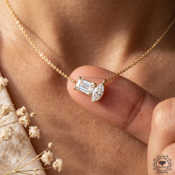 Marquise & Emerald Lab Grown Diamond Toi et Moi Necklace 18K - GrownDiamondJewels
