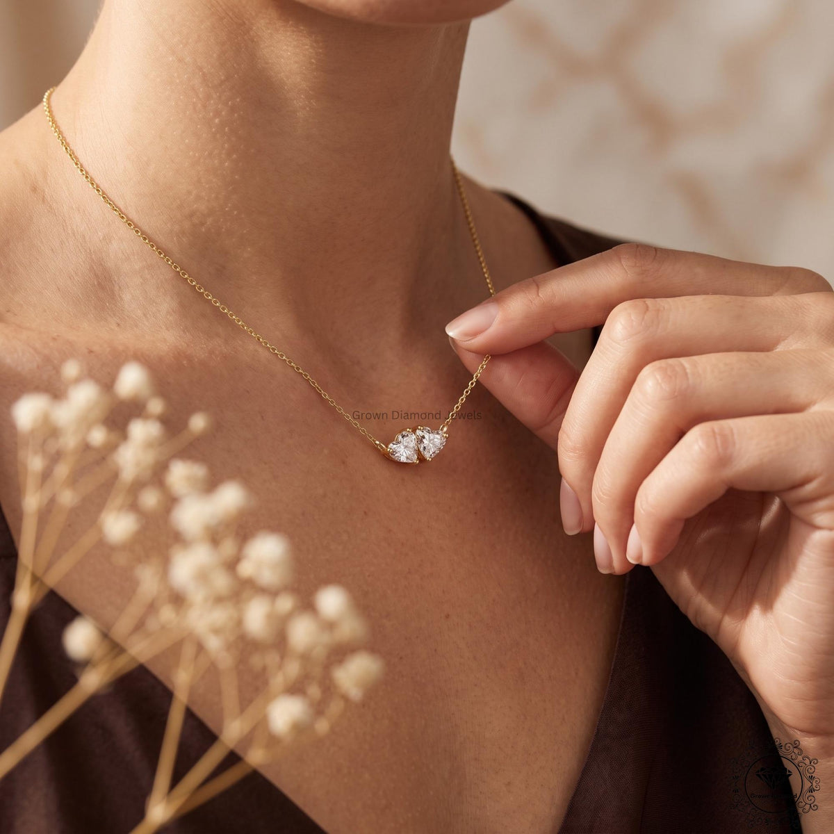 Heart Shaped Toi et Moi Necklace Lab Diamond Two Stone 14K - GrownDiamondJewels