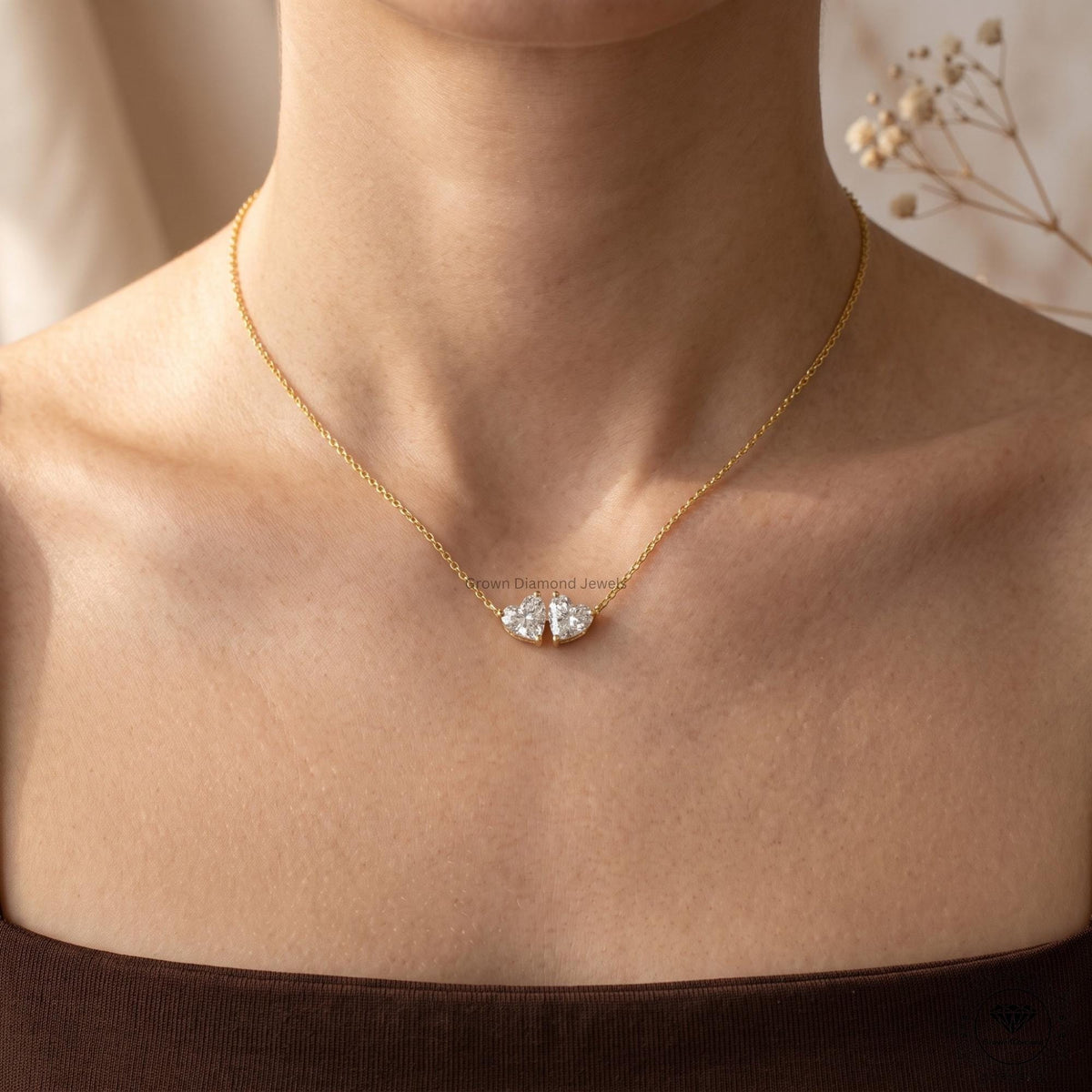 Heart Shaped Toi et Moi Necklace Lab Diamond Two Stone 14K - GrownDiamondJewels