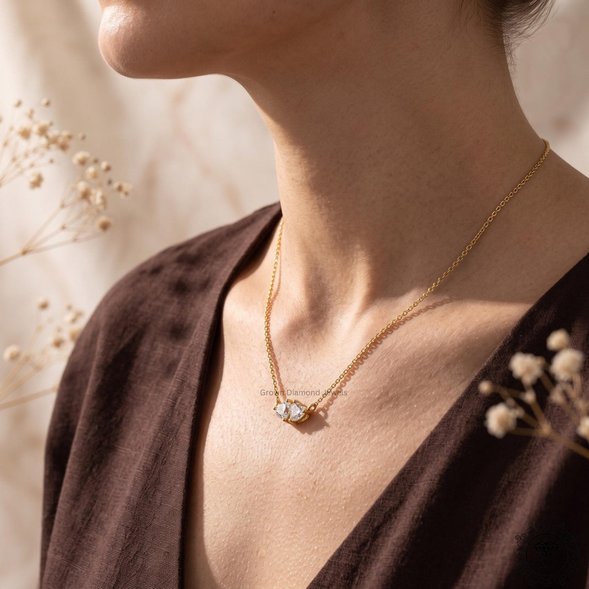 Heart Shaped Toi et Moi Necklace Lab Diamond Two Stone 14K - GrownDiamondJewels