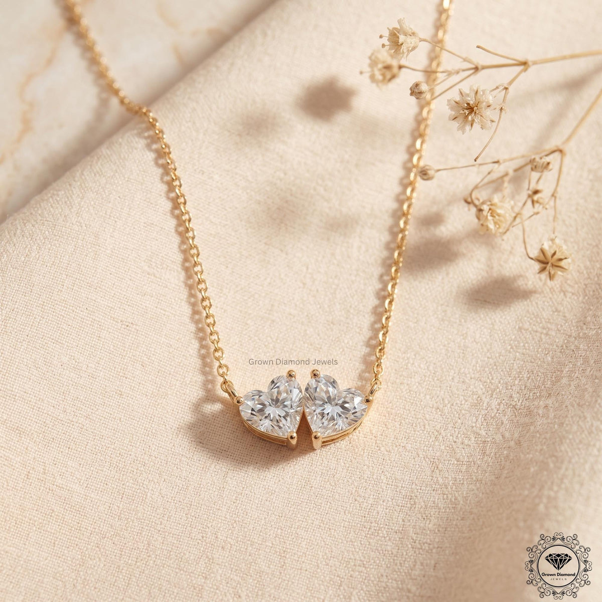 Heart Shaped Toi et Moi Necklace Lab Diamond Two Stone 14K - GrownDiamondJewels