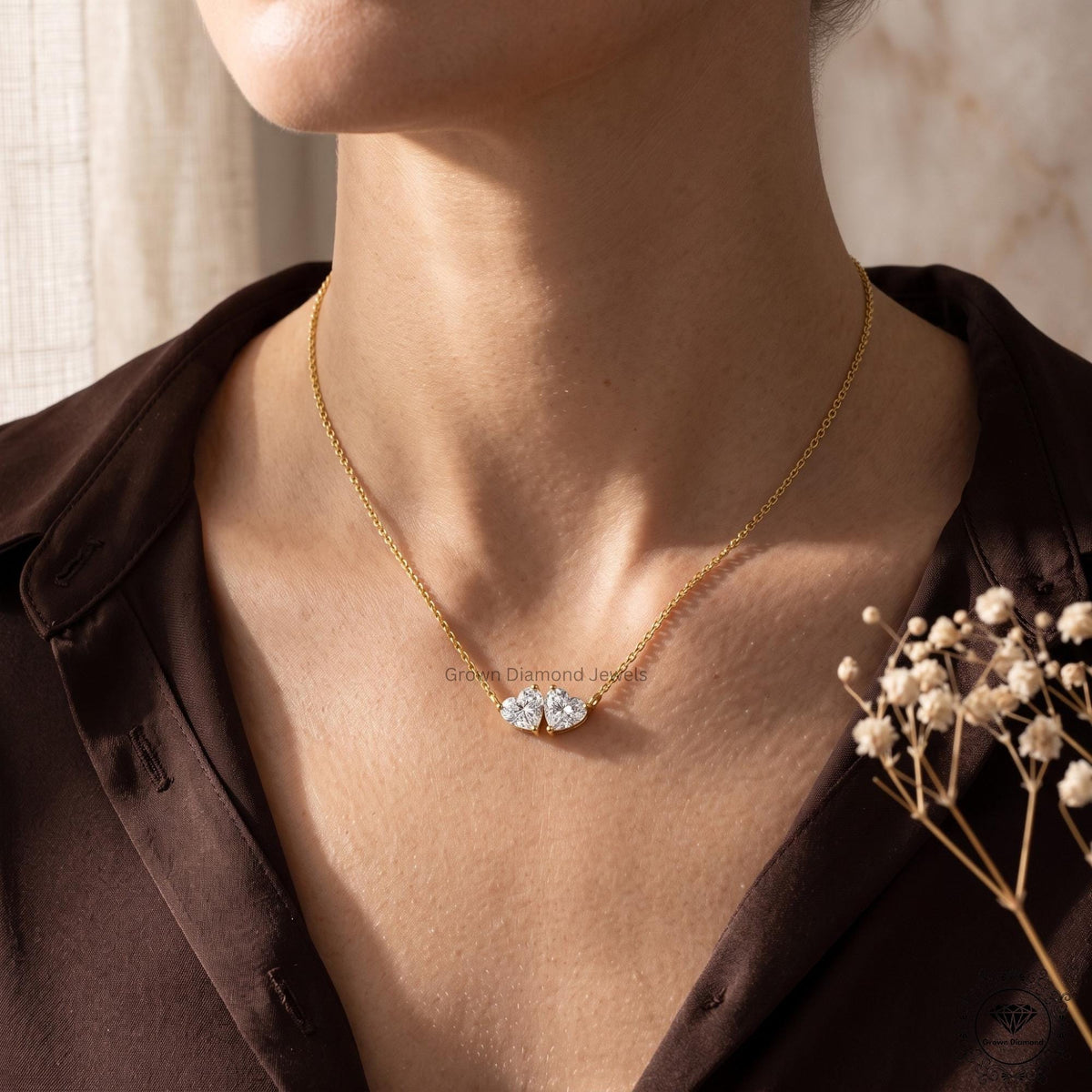 Heart Shaped Toi et Moi Necklace Lab Diamond Two Stone 14K - GrownDiamondJewels