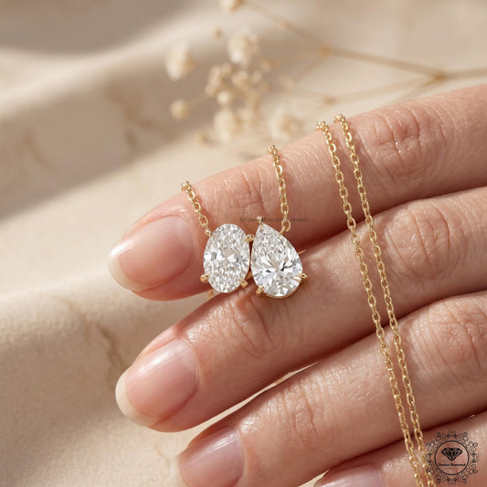 Toi Et Moi Oval & Pear Lab Grown Diamond Necklace 18K Gold - GrownDiamondJewels
