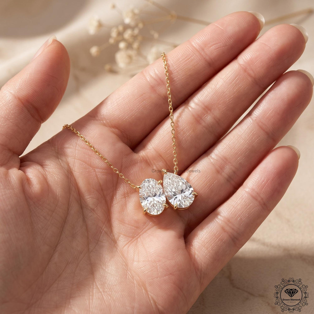 Toi Et Moi Oval & Pear Lab Grown Diamond Necklace 18K Gold - GrownDiamondJewels