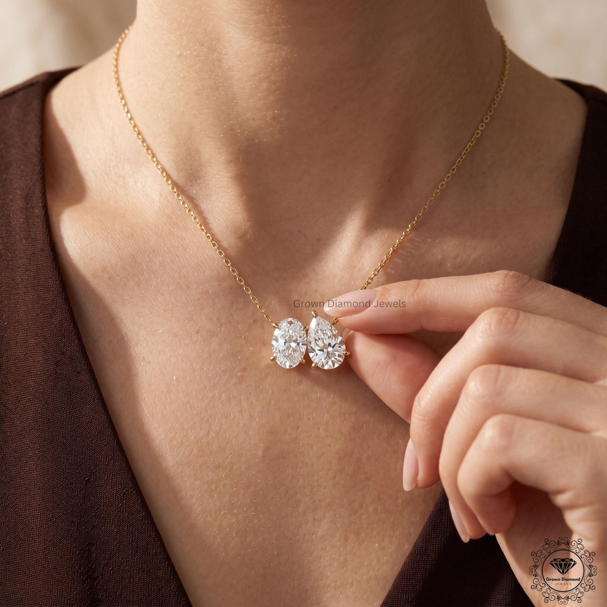 Toi Et Moi Oval & Pear Lab Grown Diamond Necklace 18K Gold - GrownDiamondJewels