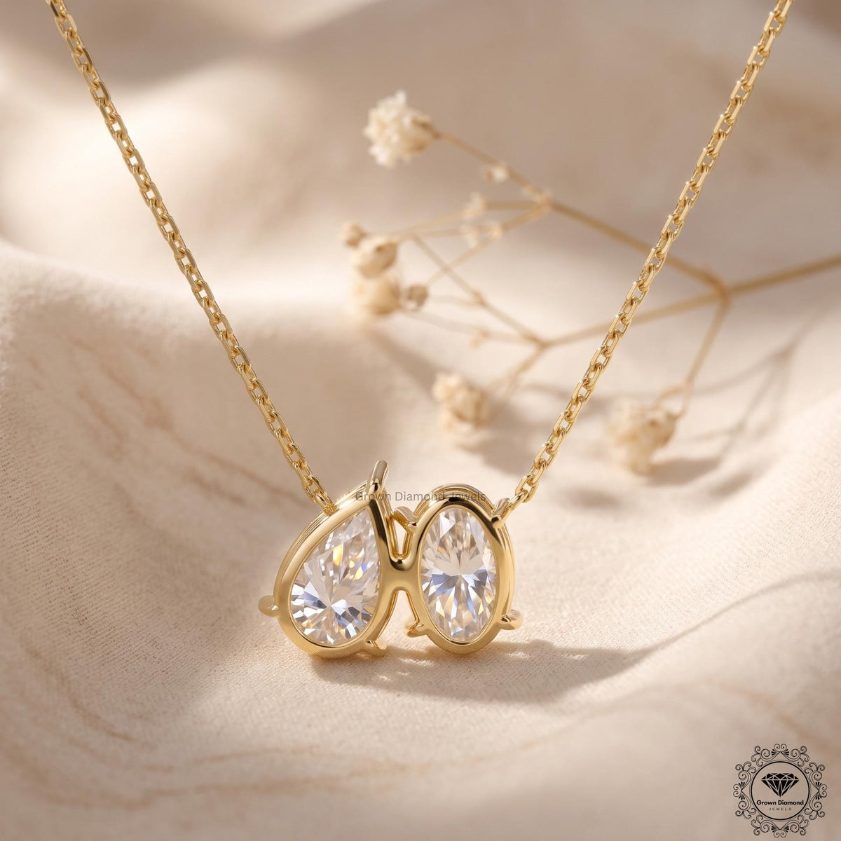 Toi Et Moi Oval & Pear Lab Grown Diamond Necklace 18K Gold - GrownDiamondJewels