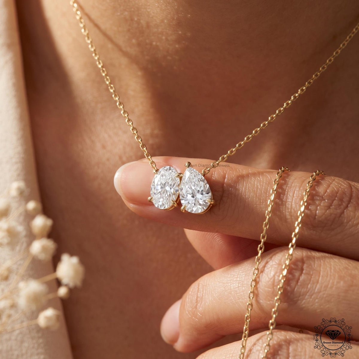 Toi Et Moi Oval & Pear Lab Grown Diamond Necklace 18K Gold - GrownDiamondJewels