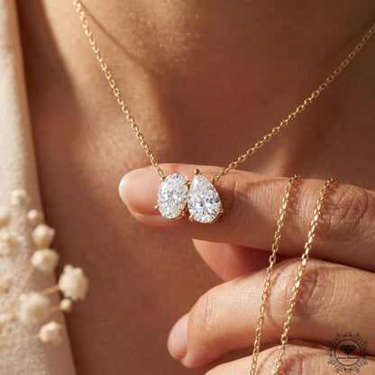 Toi Et Moi Oval & Pear Lab Grown Diamond Necklace 18K Gold - GrownDiamondJewels