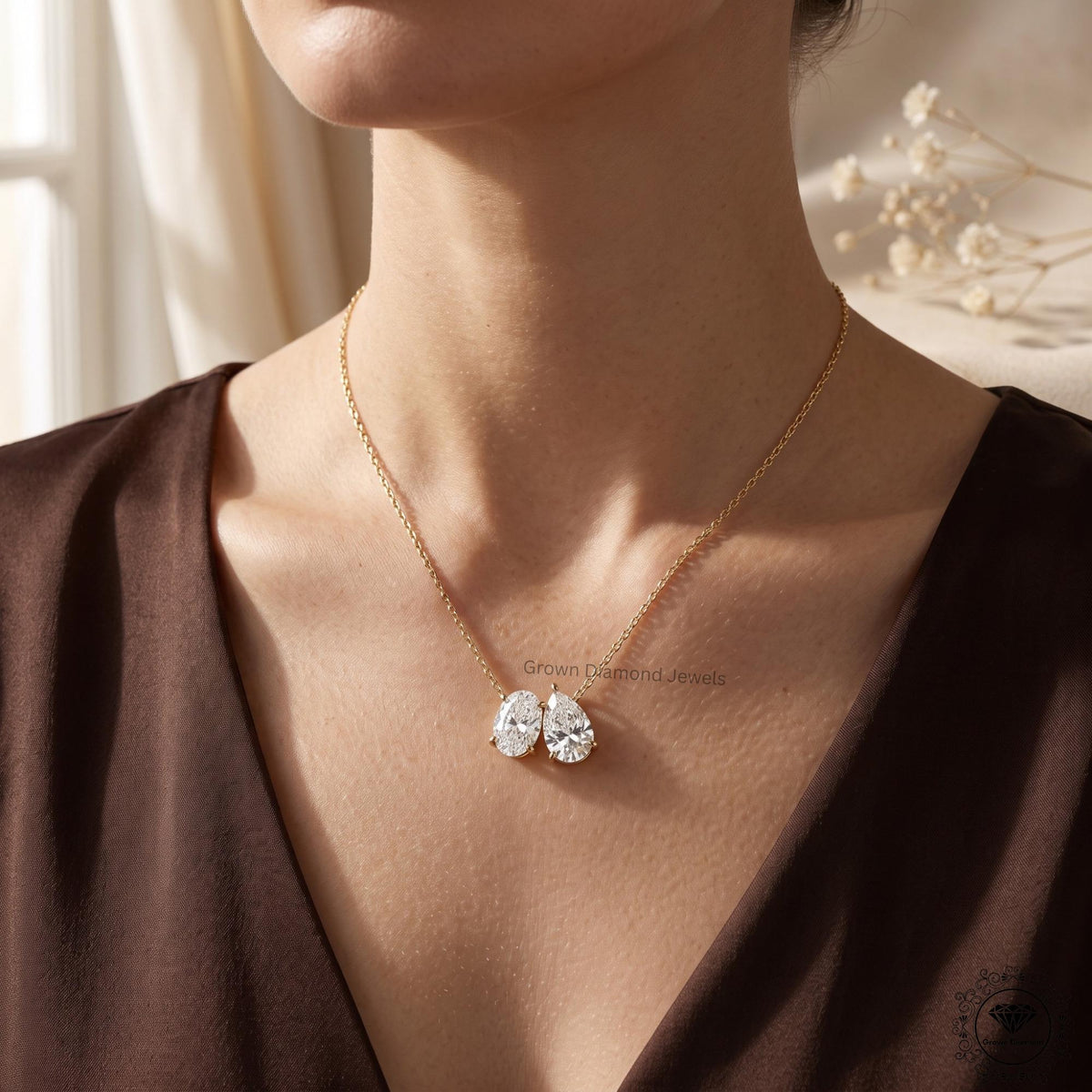 Toi Et Moi Oval & Pear Lab Grown Diamond Necklace 18K Gold - GrownDiamondJewels