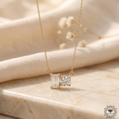 Round & Emerald Lab Grown Diamond Toi Et Moi Necklace 18K - GrownDiamondJewels