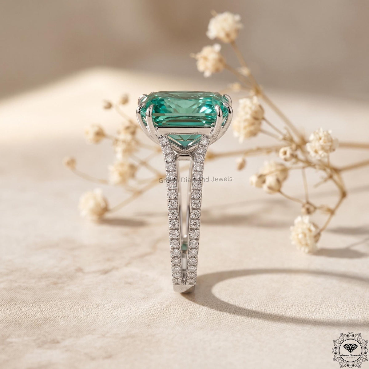 4CT Vivid Green Lab Grown Diamond Engagement Ring 14K Gold