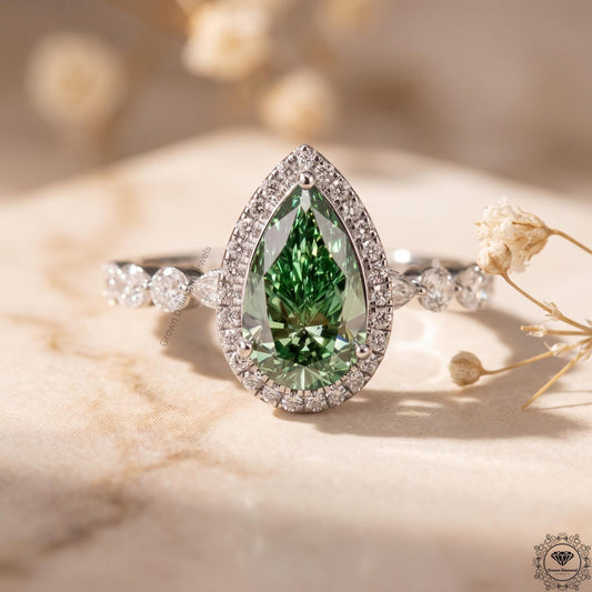 Pear Cut Green Lab Grown Diamond Engagement Ring 14K Gold