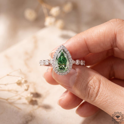 Pear Cut Green Lab Grown Diamond Engagement Ring 14K Gold
