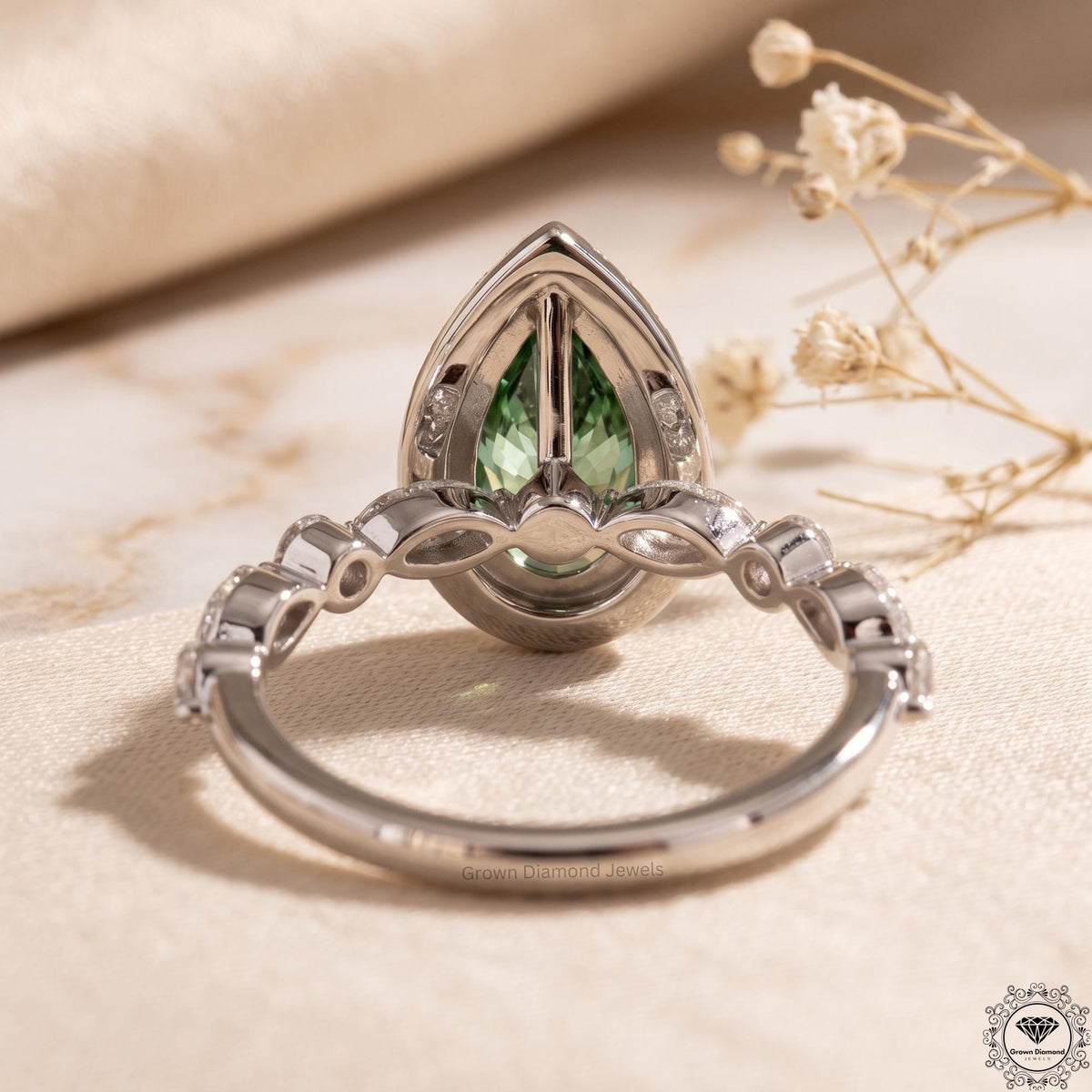 Pear Cut Green Lab Grown Diamond Engagement Ring 14K Gold
