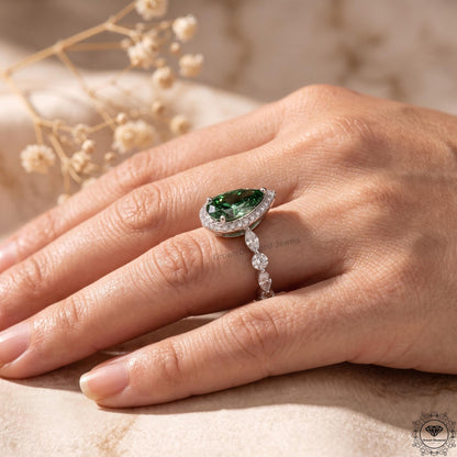 Pear Cut Green Lab Grown Diamond Engagement Ring 14K Gold
