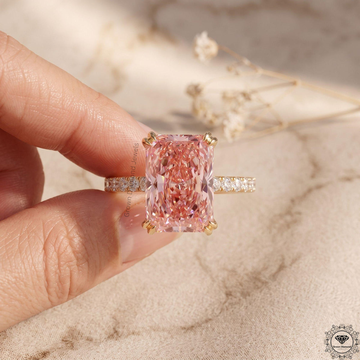 3 Carat Intense Pink Radiant Lab Grown Diamond Ring 14k Gold