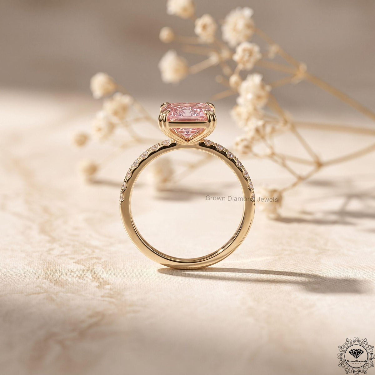 3 Carat Intense Pink Radiant Lab Grown Diamond Ring 14k Gold