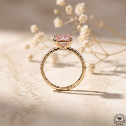3 Carat Intense Pink Radiant Lab Grown Diamond Ring 14k Gold