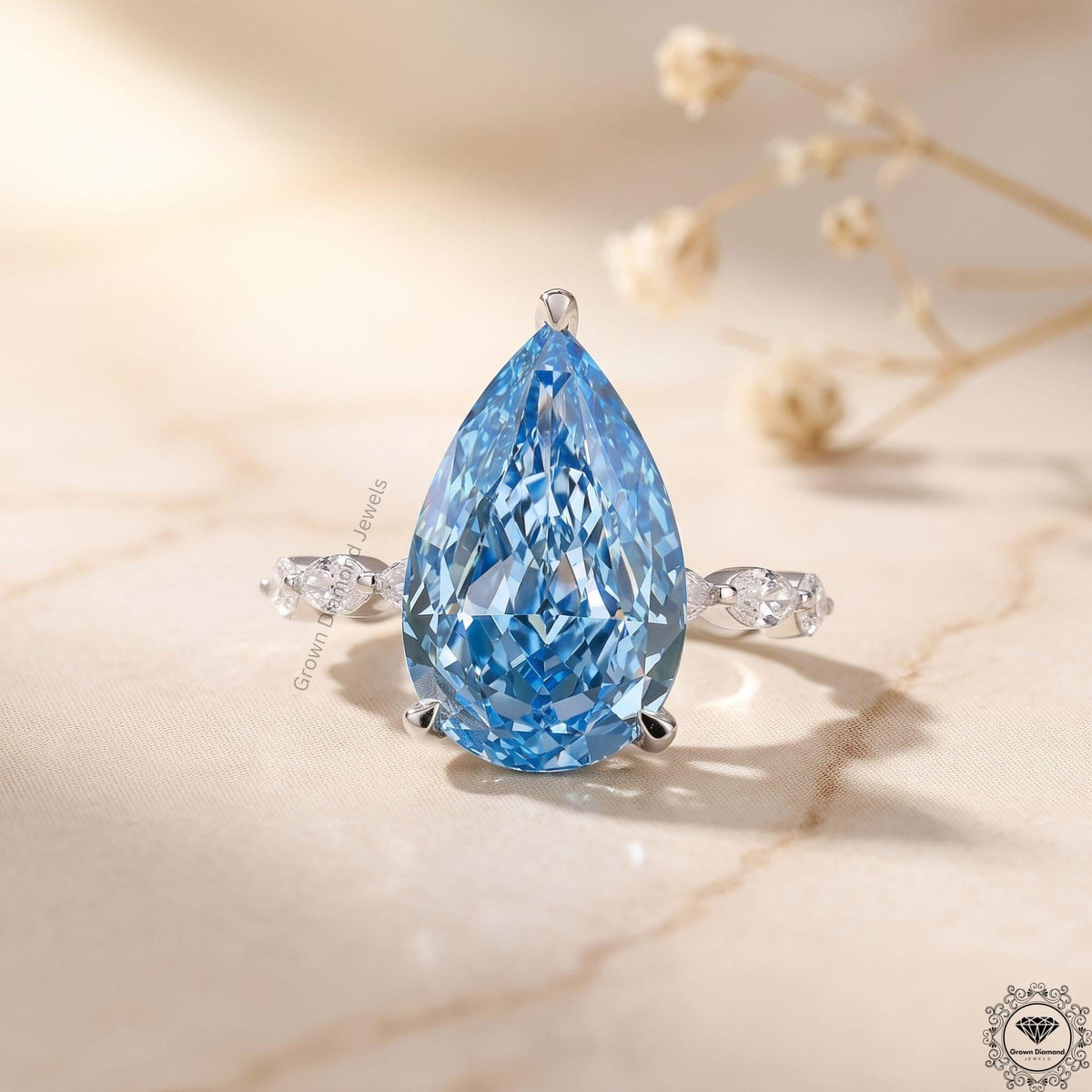 5CT Vivid Blue Pear Lab Grown Diamond Engagement Ring