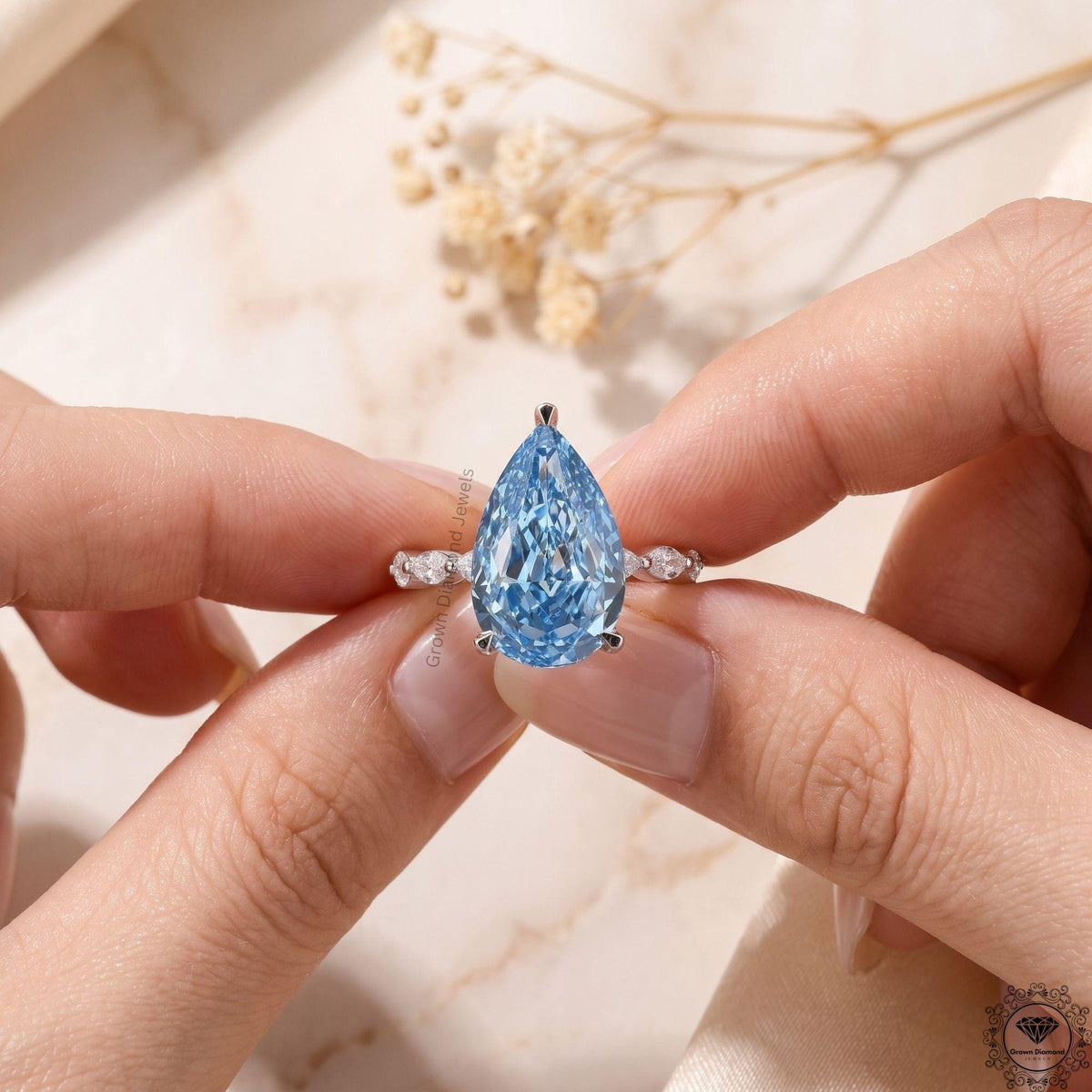 5CT Vivid Blue Pear Lab Grown Diamond Engagement Ring