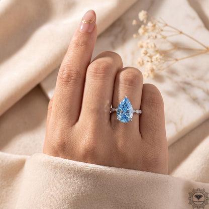 5CT Vivid Blue Pear Lab Grown Diamond Engagement Ring