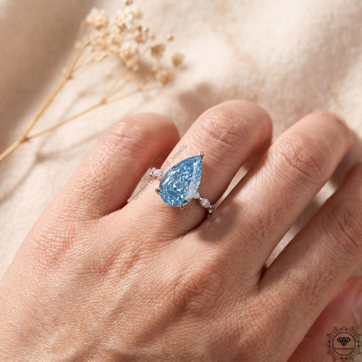 5CT Vivid Blue Pear Lab Grown Diamond Engagement Ring