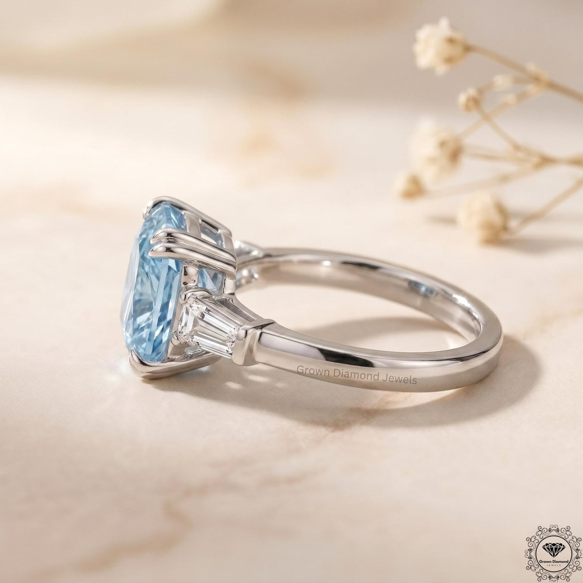 3ct Blue Lab Grown Diamond Cushion 3-Stone Engagement Ring