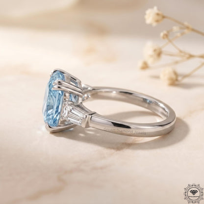3ct Blue Lab Grown Diamond Cushion 3-Stone Engagement Ring