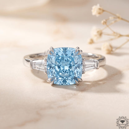 3ct Blue Lab Grown Diamond Cushion 3-Stone Engagement Ring