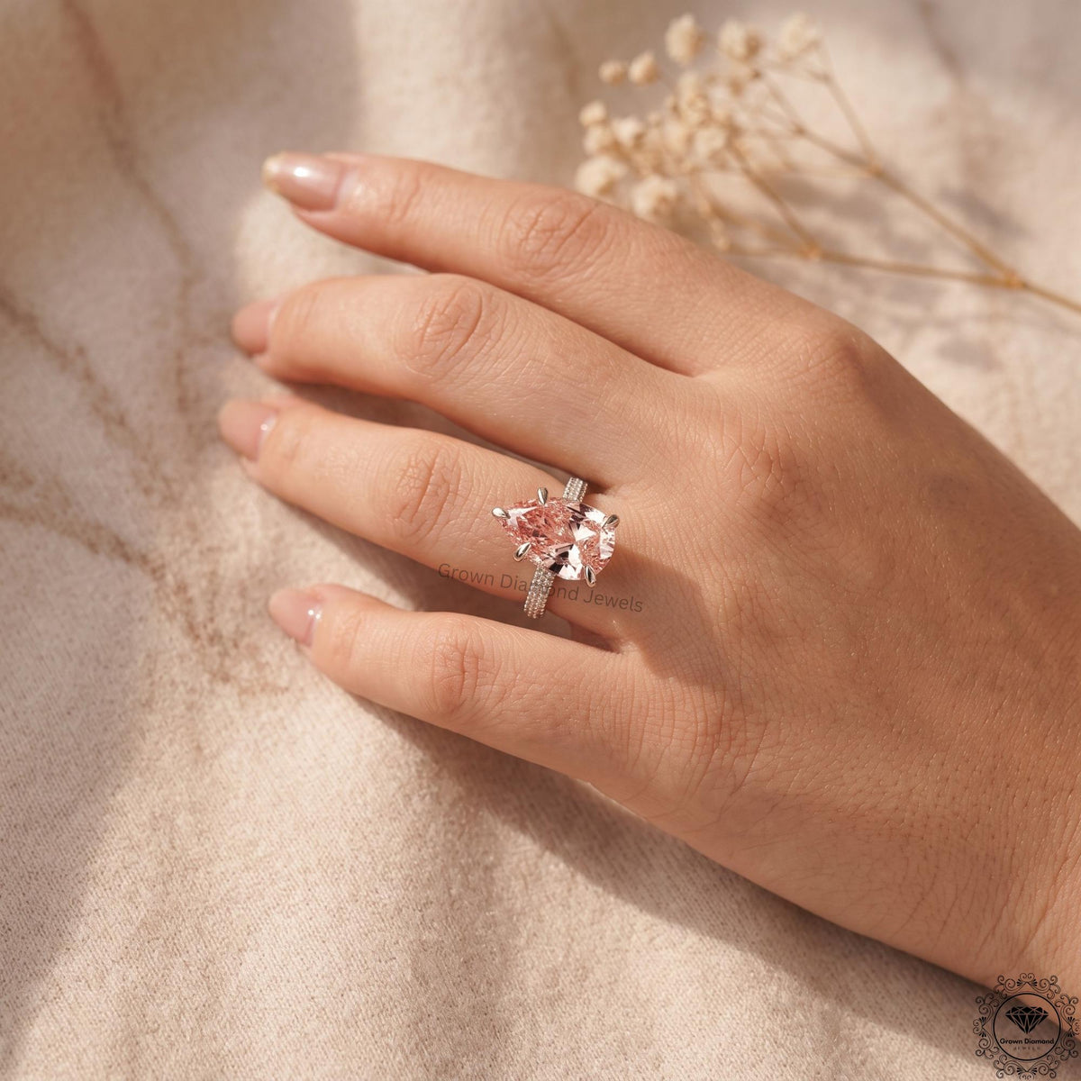 5 Ct Pink Lab Grown Pear Diamond Engagement Solitaire Ring