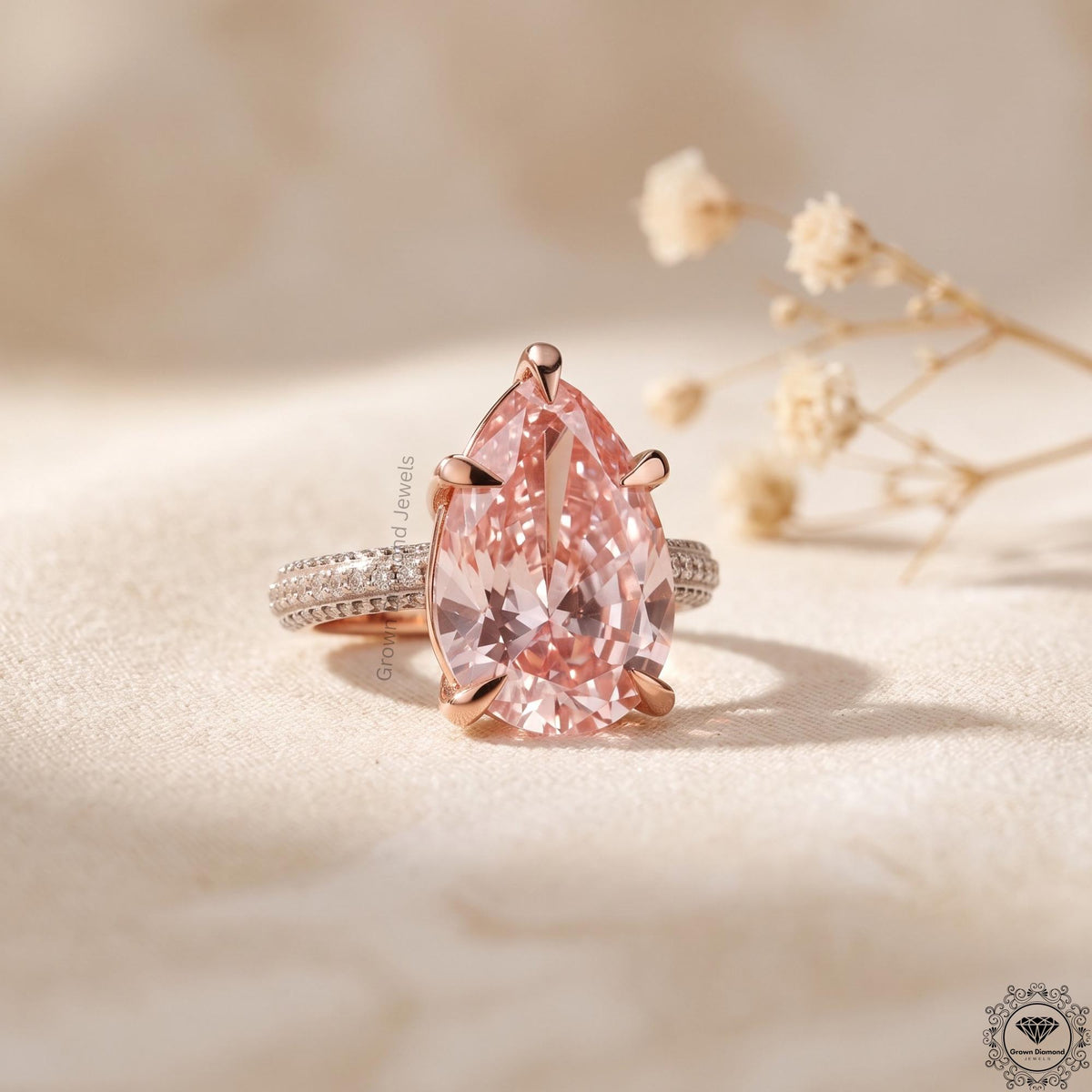 5 Ct Pink Lab Grown Pear Diamond Engagement Solitaire Ring