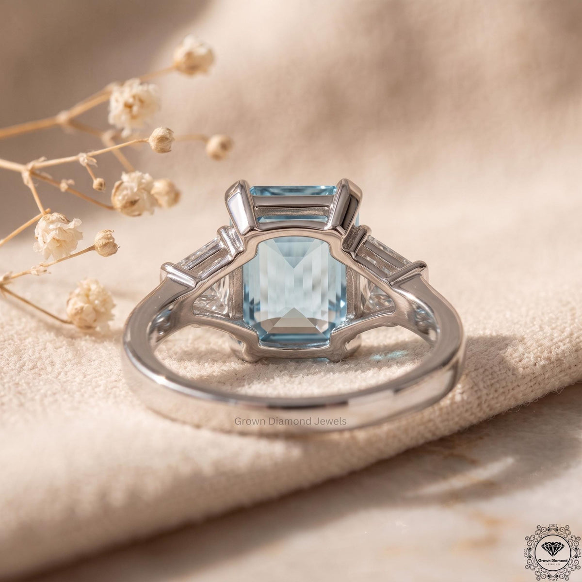 2 Ct Vivid Blue Radiant Lab Grown Diamond Three Stone Ring